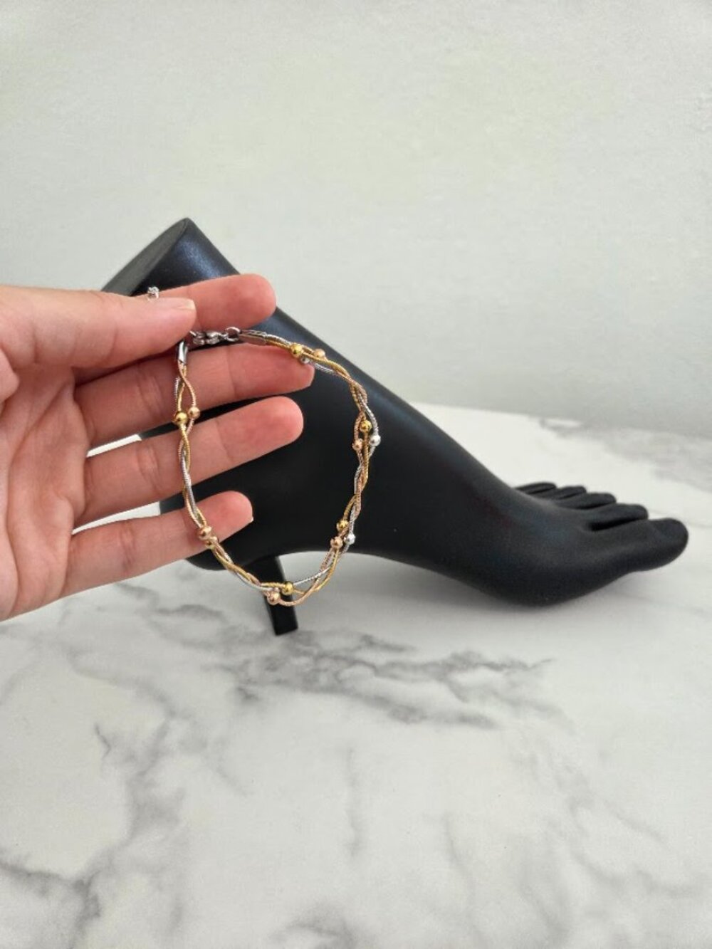 Tri-Tone Beaded Snake Chain Anklet Braided Gold Rose Gold Silver - Picture 8 of 12